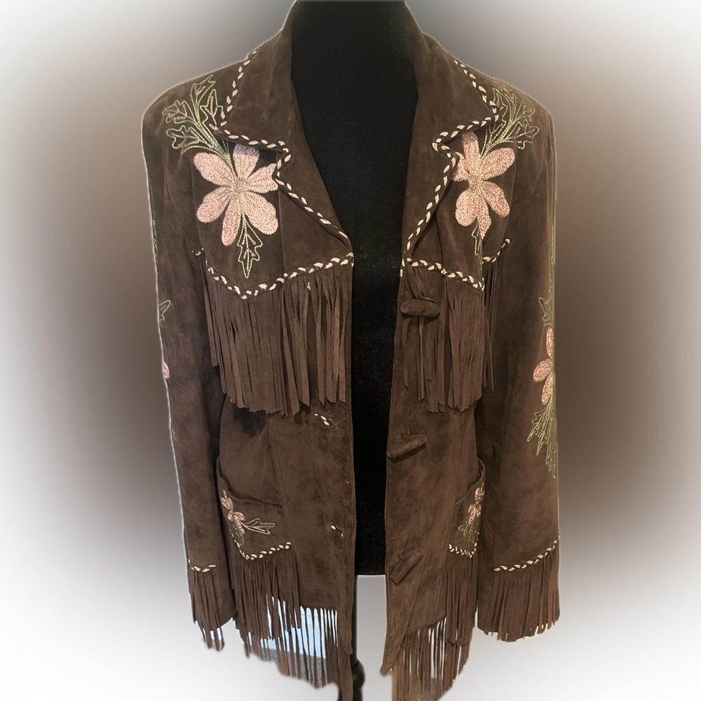 Vintage Alan Michael brown suede jacket with Embroidery + Fringe Brown